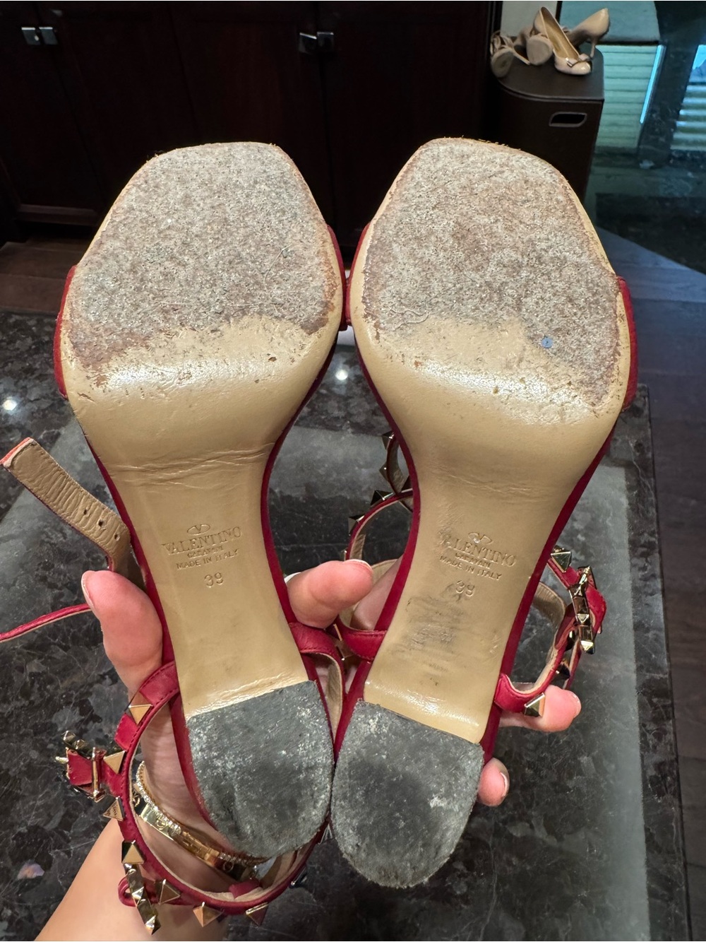 Valentino Garavani Red Leather Rockstud Block Heel Sandals - Picture 4 of 4